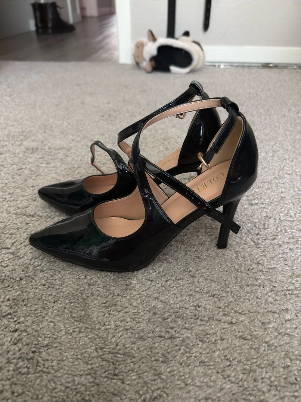 Black Patent Pointed Toe Crisscross Ankle Strap Heels